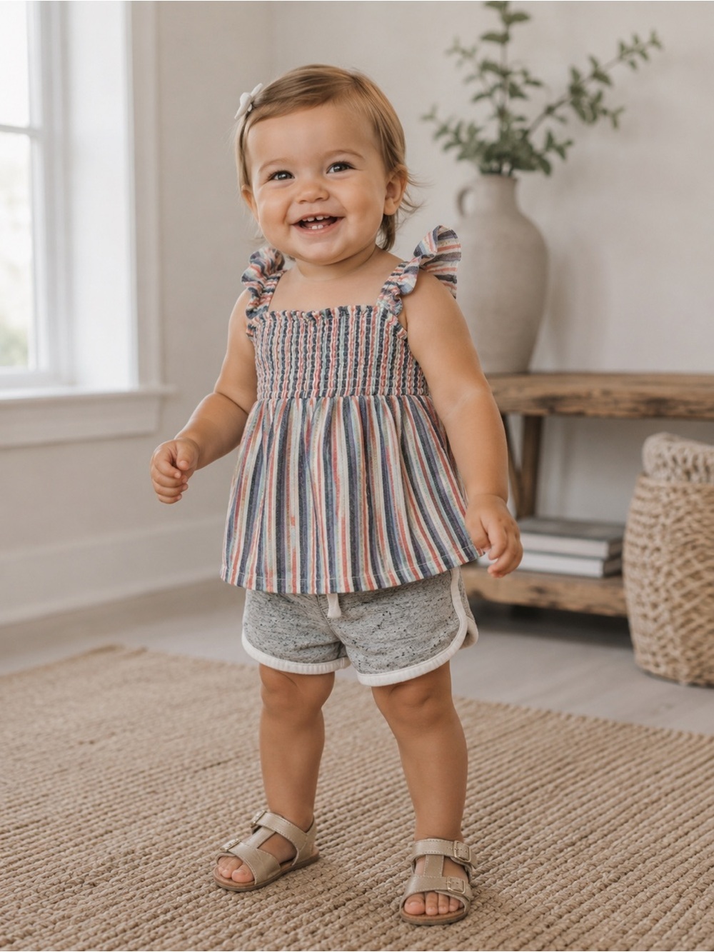 Striped Top and Gray Shorts Set size 9-12 months